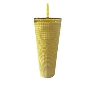 Starbucks 24 oz Meadow Yellow Soft Touch Grid Tumbler Cold Cup With Straw